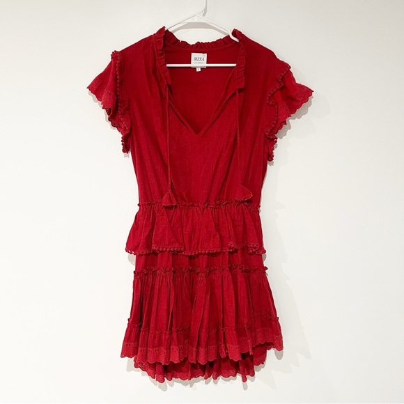 Misa Lillian Rust Orange/Red Tiered Ruffle Blouson Linen Blend Mini Dress Small - Picture 6 of 11